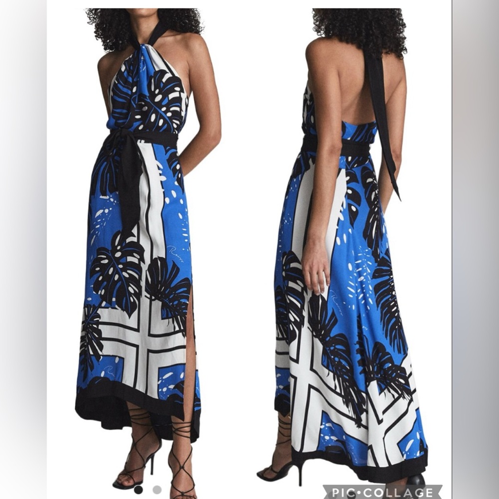 NWOT Reiss Erin Print Palm Midi Halter Top Bow Around Neck Dress Size 2